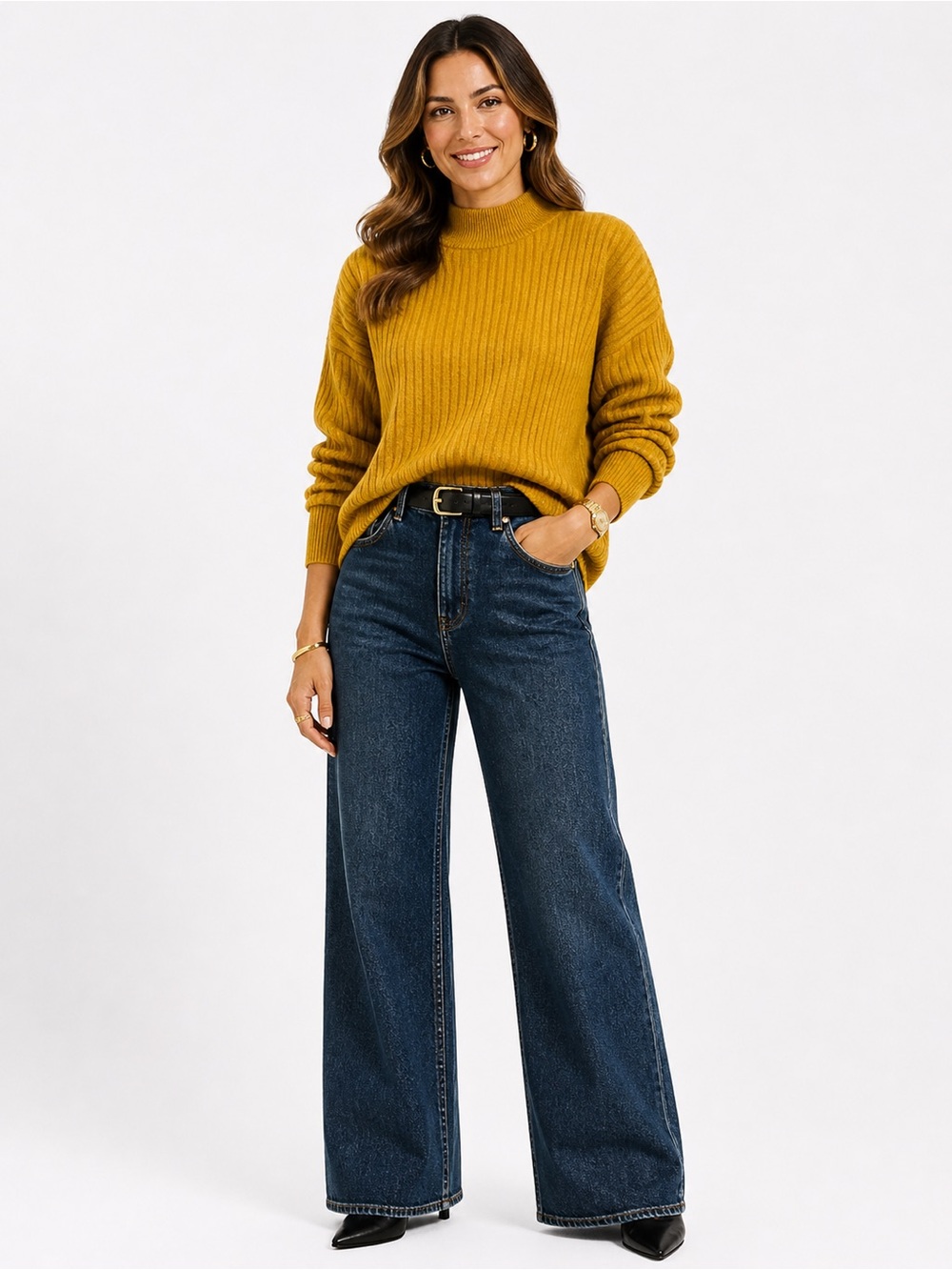 H&M Ribbed Crewneck Sweater in Mustard Yellow